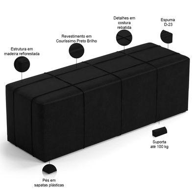 Kit Cabeceira Cama Box Casal 140cm com Calçadeira Roma W01 Couríssimo Preto - Lyam