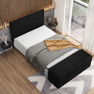 Kit Cabeceira Cama Box Casal 140cm com Calçadeira Roma W01 Couríssimo Preto - Lyam