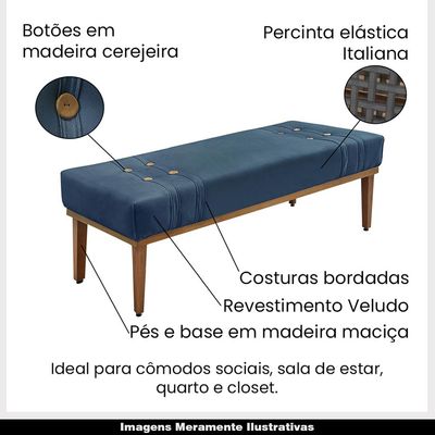 Recamier Decorativo 90cm Kors Veludo Pés de Madeira Azul Marinho - Gran Belo