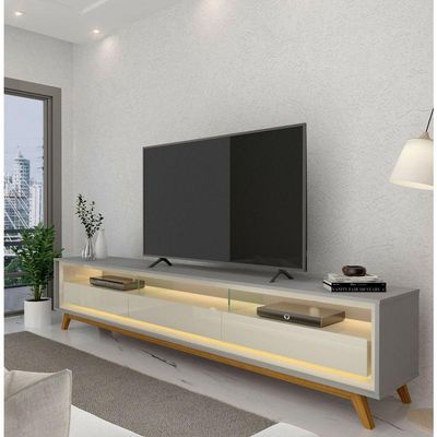 Rack Para Tv 2.2 Retrô Com Led Requinte Cinza Com Off White - Gelius Móveis