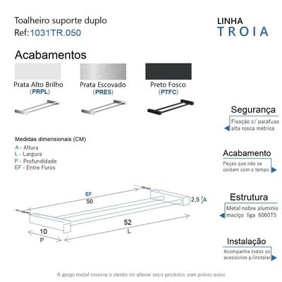 Porta Toalha Toalheiro Duplo Para Banheiro Escovado Troia Grego Metal 50cm