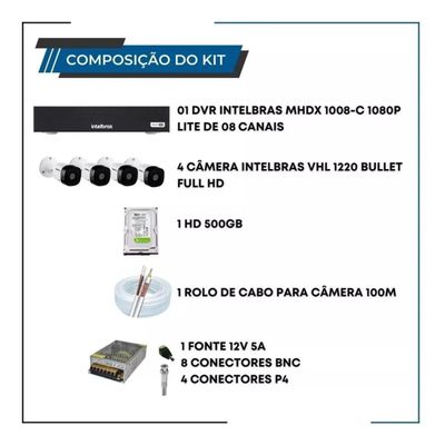 Kit Cftv 4 Câmeras Full Hd 1080p 2mp Dvr Intelbras Mhdx 8 Ch