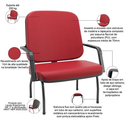 Kit 02 Cadeiras De Escritório Recepção Com Braço Fixa Preta Magno P03 Vinil Vermelho - Lyam Decor
