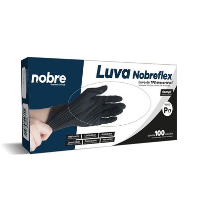 Caixa Com 100 Luvas Tpe Sem Pó Descartável P Preta Nobre Nobreflex Para Alimentos