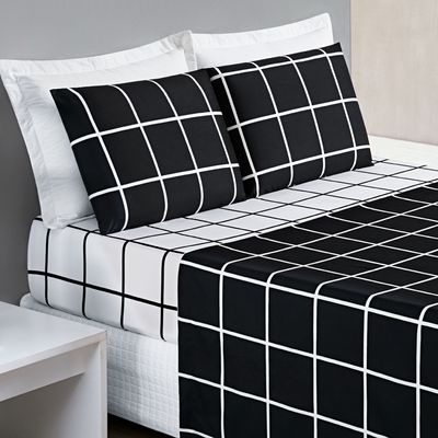 Jogo Cama Lençol Brooklyn Solteiro Quadriculado Micropercal 200 Fios 3 Peças - Preto