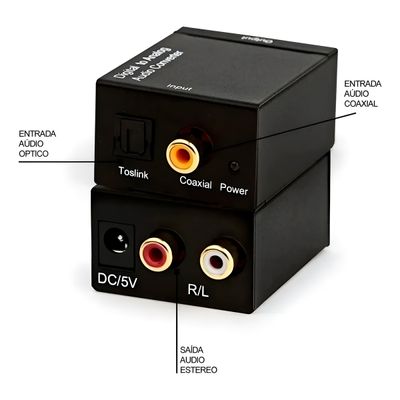 Conversor Óptico Coaxial Digital Áudio RCA Analógico - Áudio Estéreo de Alta Fidelidade