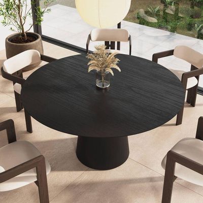 Mesa De Jantar Redonda 150cm Scandi 8 Lugares Lamina Natural De Madeira Preto