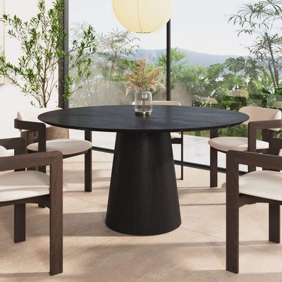 Mesa De Jantar Redonda 150cm Scandi 8 Lugares Lamina Natural De Madeira Preto