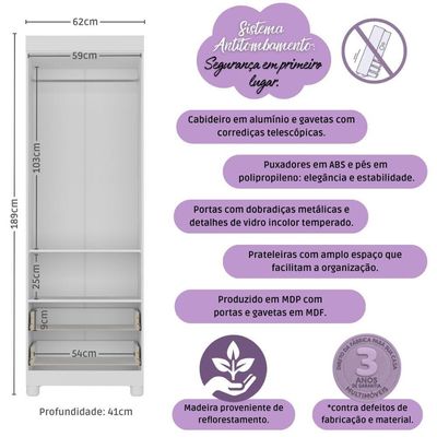 Guarda-roupa Infantil 62cm 2 Portas Com Vidro E 2 Gavetas Bombom Multimóveis MP4461 Branco-off White