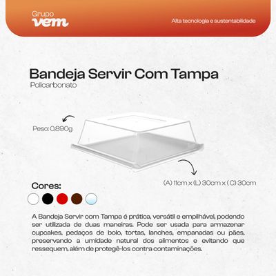 Bandeja Servir Quadrada Com Tampa 30x30 Branca em Policarbonato
