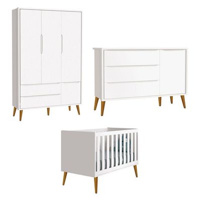 Jogo De Quarto Para Bebê Completo 3 Portas Théo New Branco Fosco Com Madeira - Reller