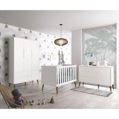 Jogo De Quarto Para Bebê Completo 3 Portas Théo New Branco Fosco Com Madeira - Reller