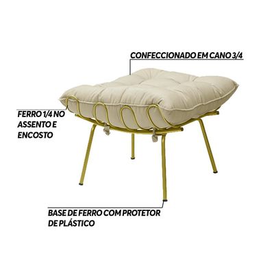 Puff Decorativo Sala de Estar Abel Pés Dourado Veludo Bege - Gran Belo
