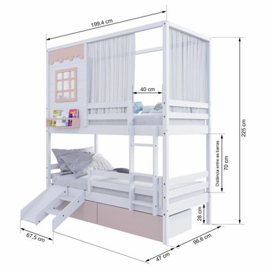 Beliche Casinha Reta 02 Gavetas Rosa Grade Removível Escorregador E Cortina Madeira Maciça Branco/ Rosa Housin