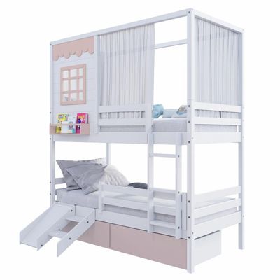 Beliche Casinha Reta 02 Gavetas Rosa Grade Removível Escorregador E Cortina Madeira Maciça Branco/ Rosa Housin