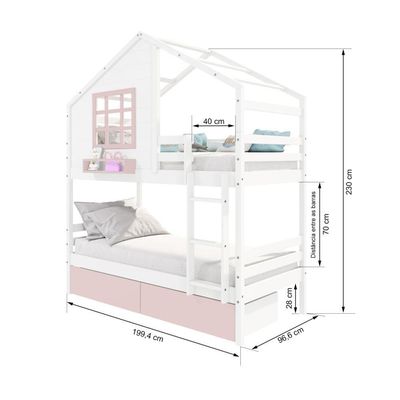 Beliche Casinha Com Janela E Gavetas Rosa Madeira Maciça Branco/ Rosa Housin