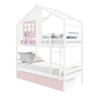 Beliche Casinha Com Janela E Gavetas Rosa Madeira Maciça Branco/ Rosa Housin