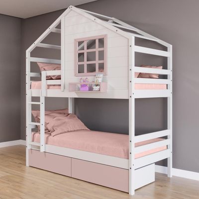 Beliche Casinha Com Janela E Gavetas Rosa Madeira Maciça Branco/ Rosa Housin