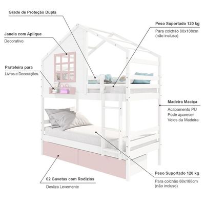Beliche Casinha Com Janela E Gavetas Rosa Madeira Maciça Branco/ Rosa Housin