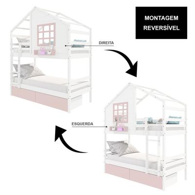 Beliche Casinha Com Janela E Gavetas Rosa Madeira Maciça Branco/ Rosa Housin
