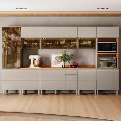 Cozinha Modulada Proença 8 Peças Com Cristaleira E Aéreo 120cm Nogueira Touch/Nude Prime Tx - Demartêz
