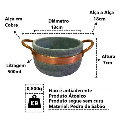 Cumbuca Alça de Cobre Pedra Sabão Tigela Caldo Sopa 500ml