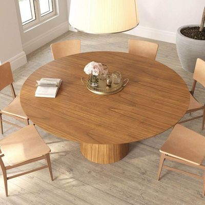 Mesa De Jantar Redonda 160cm Scandi 8 Lugares Lamina Natural De Madeira Mel
