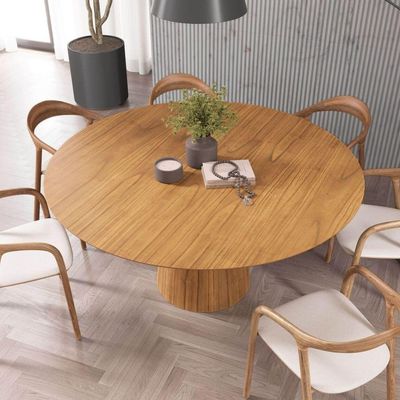 Mesa De Jantar Redonda 160cm Scandi 8 Lugares Lamina Natural De Madeira Mel