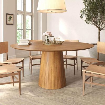 Mesa De Jantar Redonda 160cm Scandi 8 Lugares Lamina Natural De Madeira Mel