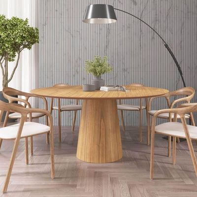 Mesa De Jantar Redonda 160cm Scandi 8 Lugares Lamina Natural De Madeira Mel
