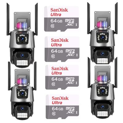 Kit 4 Câmera De Segurança Externa Lente Dupla 4k Led Sirene Policial Cartão 64gb