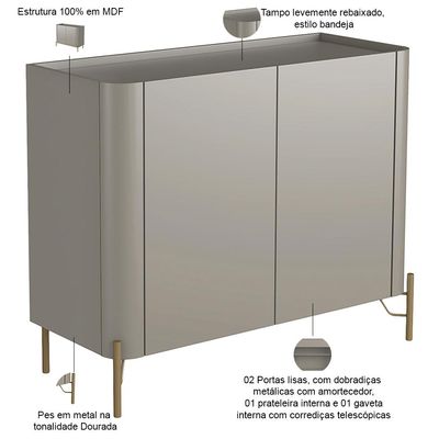 Buffet Para Sala de Jantar 2 Portas 1 Gaveta Pés Industrial Dourado Naim I03 Grigio - Lyam