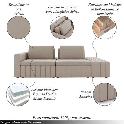 Sofá Ilha com Encosto e Almofadas Móveis Olimpo 265cm Modulado Veludo Bege G45 - Gran Belo