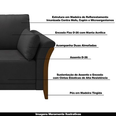 Sofá Decorativo 3 Lugares 222cm Market PU Preto - Gran Belo