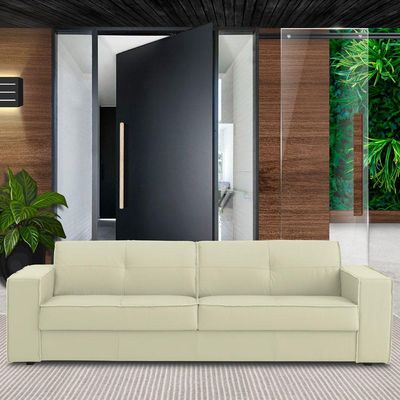Sofá 3 Lugares Sala de Estar Pés Madeira Laus 242 cm Couro Off White - Gran Belo