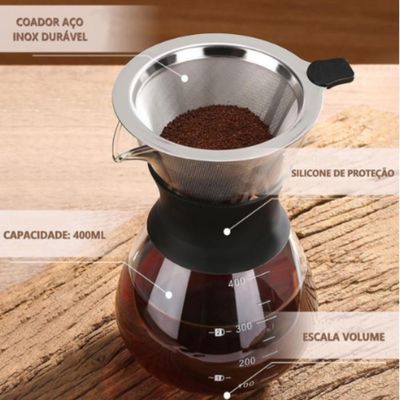 Cafeteira Vidro Com Coador Inox Filtro Passador Cafe 400ml Bule Jarra Manual Boro Borossilicato Drip Moderno