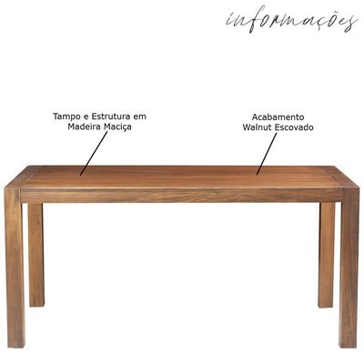 Mesa Sala de Jantar Cozinha Dumai 220cm Madeira Maciça Walnut Escovado - Gran Belo