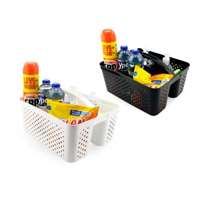 Kit 2 Cesto Organizador Transporta Tudo C/ Alça Plástico Nitron P/ Produtos de Limpeza e Ferramentas Preto/Branco