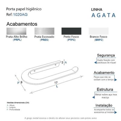 Porta Papel Higiênico Para Banheiro Escovado Agata Grego Metal