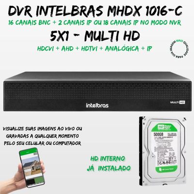 Kit 14 Cameras Full HD Colorida DVR 16 CANAIS 1016C INTELBRAS C/HD 500GB