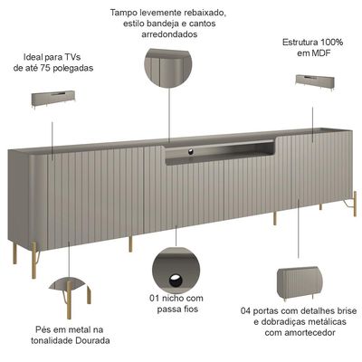 Rack Para Sala de Estar TV 75 Pol 4 Portas Brise Pés Industrial Dourado Alef I03 Grigio - Lyam Decor