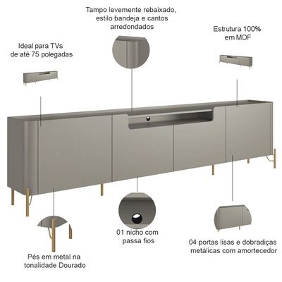 Rack Para Sala de Estar TV 75 Pol 4 Portas Pés Industrial Dourado Alef I03 Grigio - Lyam Decor