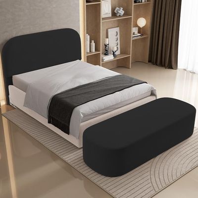 Cabeceira Cama Box King 195cm Lanna com Puff Recamier Doha W01  Suede Preto - Lyam Decor