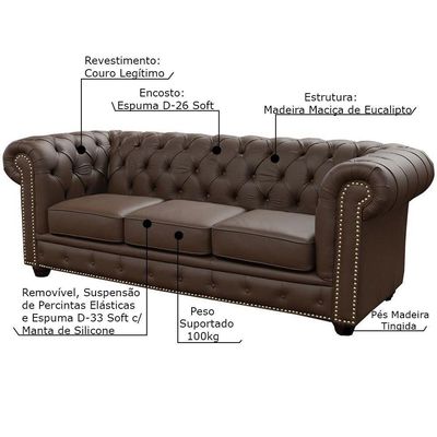 Sofá 3 Lugares Sala de Estar 235cm Chesterfield Pés Madeira Couro Capucino - Gran Belo