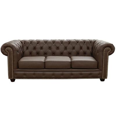 Sofá 3 Lugares Sala de Estar 235cm Chesterfield Pés Madeira Couro Capucino - Gran Belo