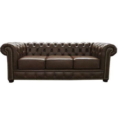 Sofá 3 Lugares Sala de Estar 235cm Chesterfield Pés Madeira Couro Marrom - Gran Belo