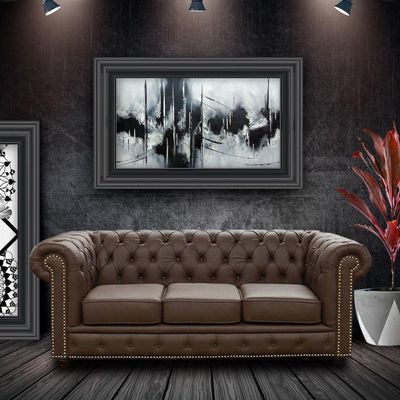 Sofá 3 Lugares Sala de Estar 235cm Chesterfield Pés Madeira Couro Capucino - Gran Belo