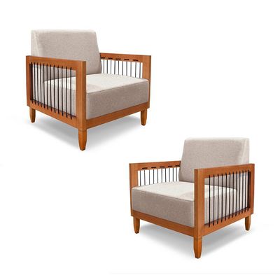 Kit 2 Poltronas Sala de Estar Pés Madeira Maciça Corda Náutica Preta 75cm Manila Linho Areia Rústico G63 - Gran Belo