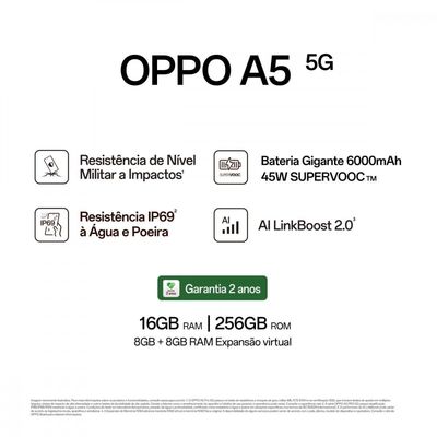 Smartphone A5 5G Tela 6.67 256GB 8GB RAM Câmera 50MP OPPO Verde / Bivolt
