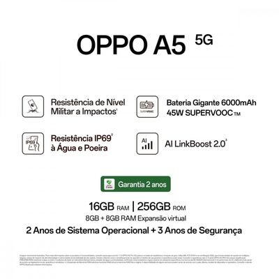 Smartphone A5 5G Tela 6.67 Polegadas 256GB 8GB RAM Câmera 50MP OPPO Branco / Bivolt